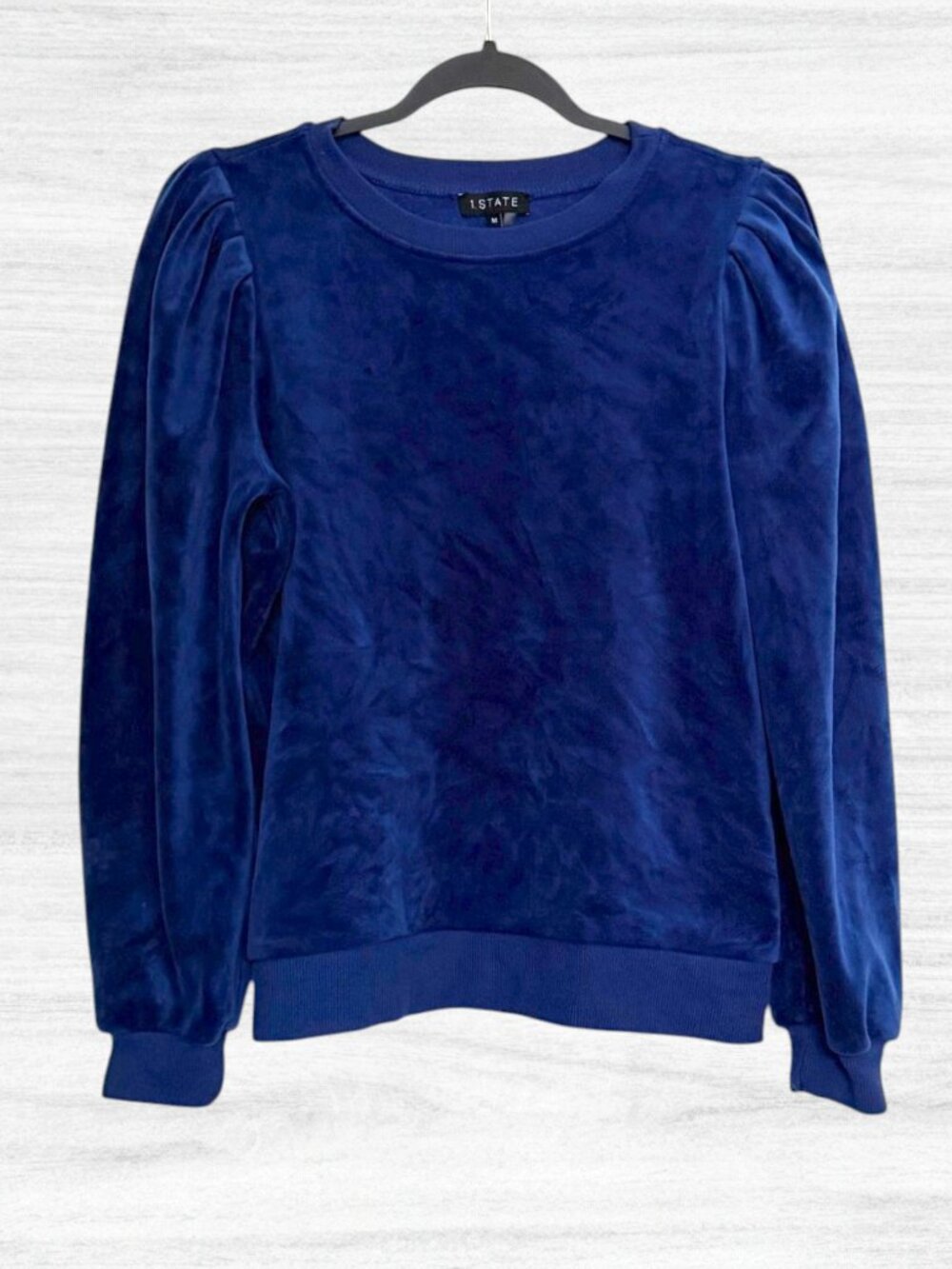 1.STATE Royal Blue Velour Puff Shoulder Sleeve Sweatshirt Top Holiday Womens M